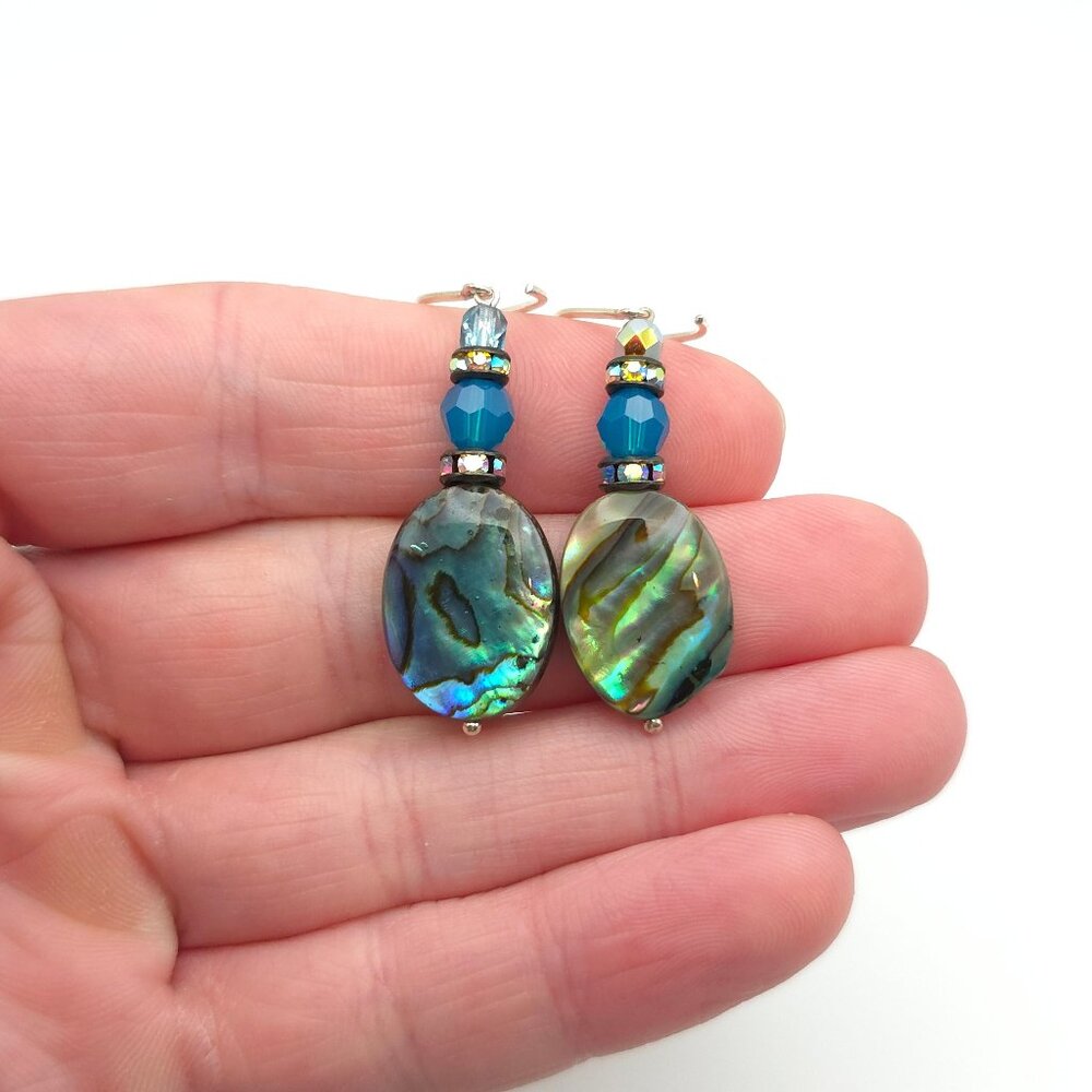 925 Sterling Silver Beautiful Abalone And Crystal Dangle Earrings